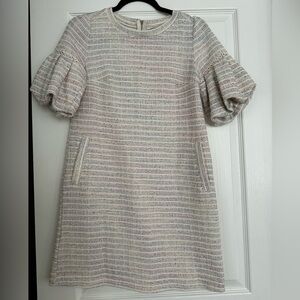 Loft, XS petite, puff sleeve dress, off-white w/ multi coloured stripes, pockets